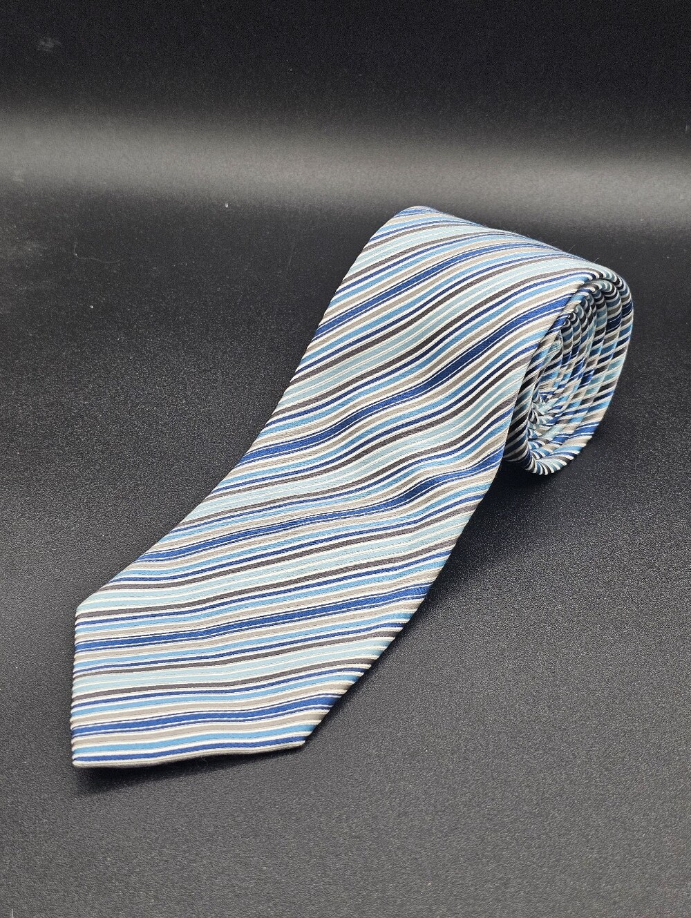 Geoffrey Beene Men's Blue Gray Striped Silk Necktie Business Neck Wear